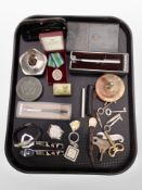 A group of collectibles, Parker and other pens, medal, antique keys, wristwatches, Danish medal,