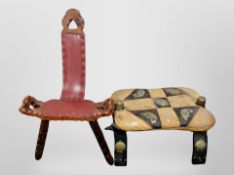 A camel stool with leather seat and a further carved beech tripod stool