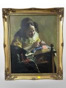 Continental School : A girl doing needlework, oil on canvas,