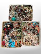 Three boxes of costume jewellery, beaded necklaces,