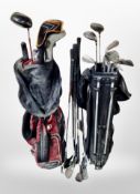 Two golf bags containing irons and drivers,