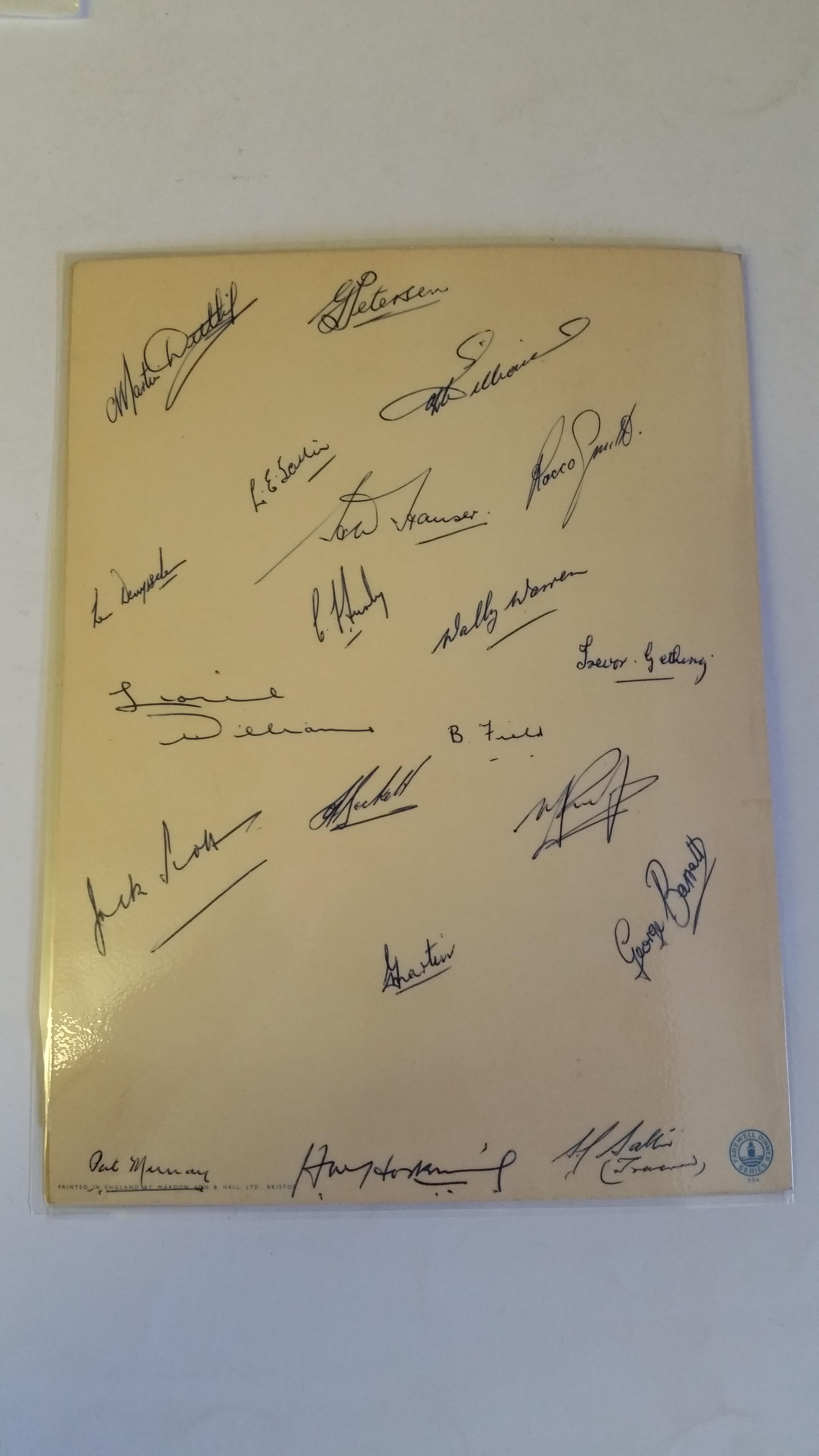 FOOTBALL, South African tour to UK 1958, menu for pre-trip farewell dinner, signed to back by