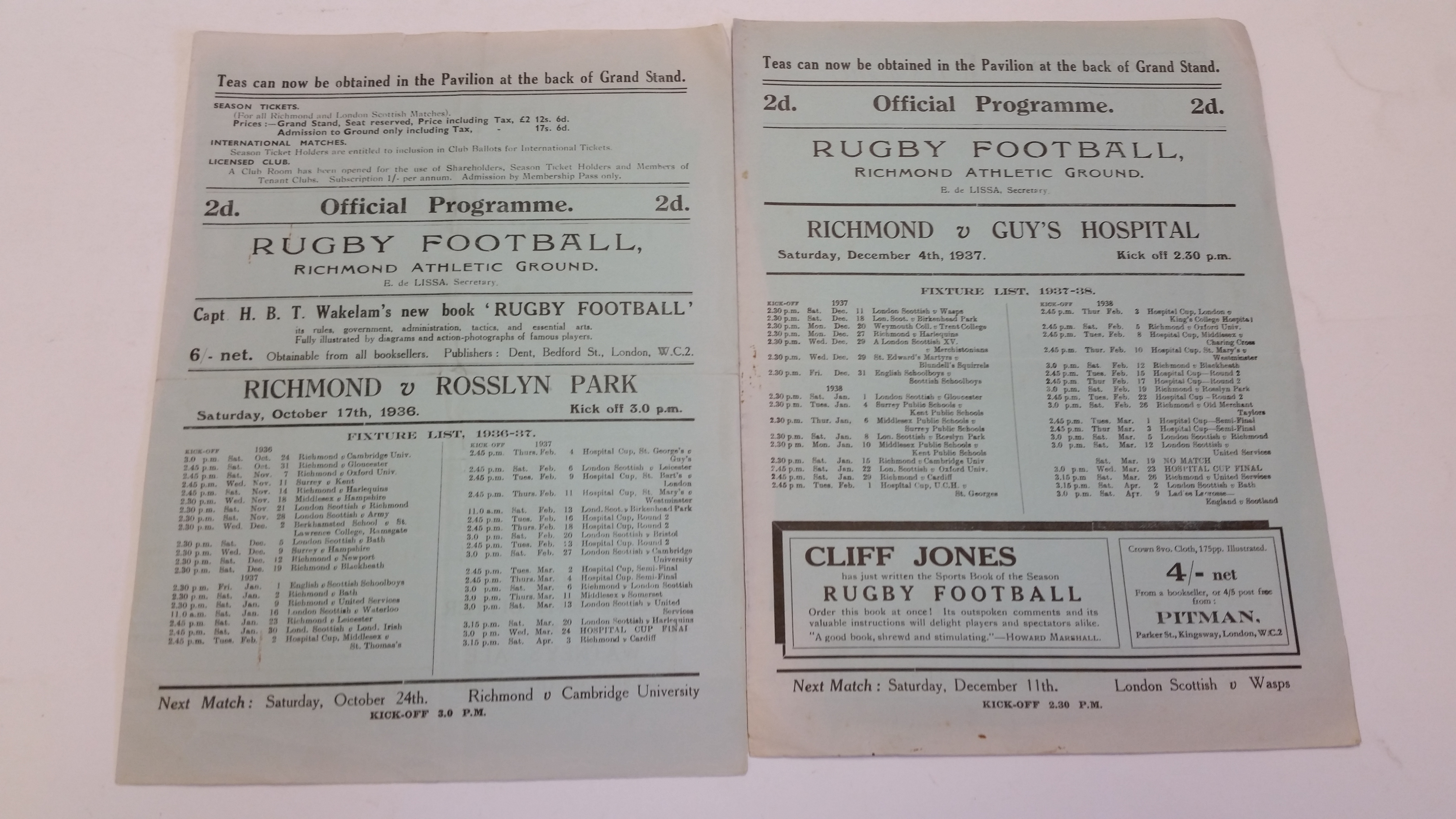 RUGBY UNION, Richmond home programmes, Rosslyn Park (17th Oct 1936), Guys Hospital (4th Dec 1937),
