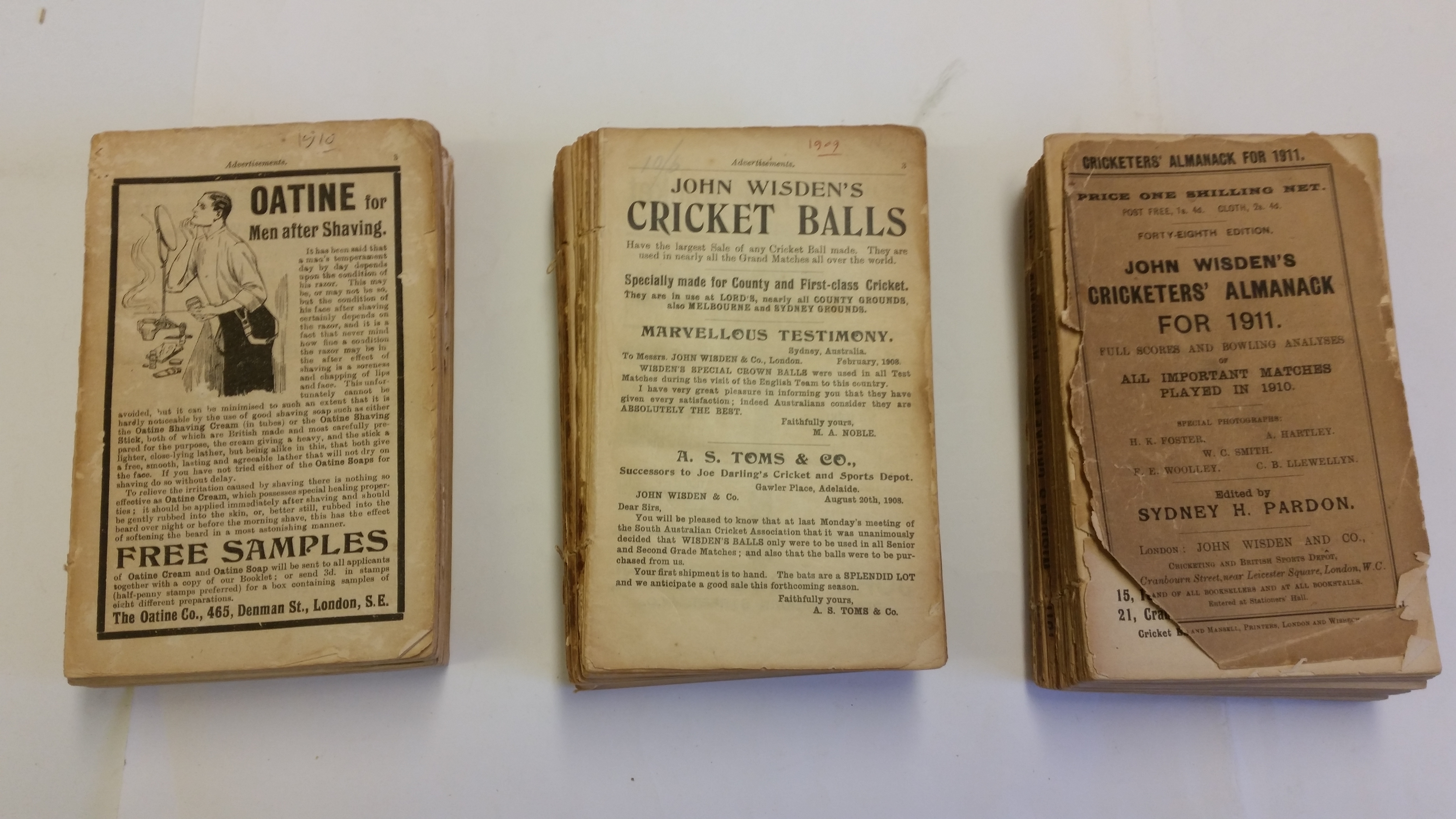 CRICKET, softback editions of Wisden Almanack 1909, 1910 & 1911, from the Peter Wynne-Thomas