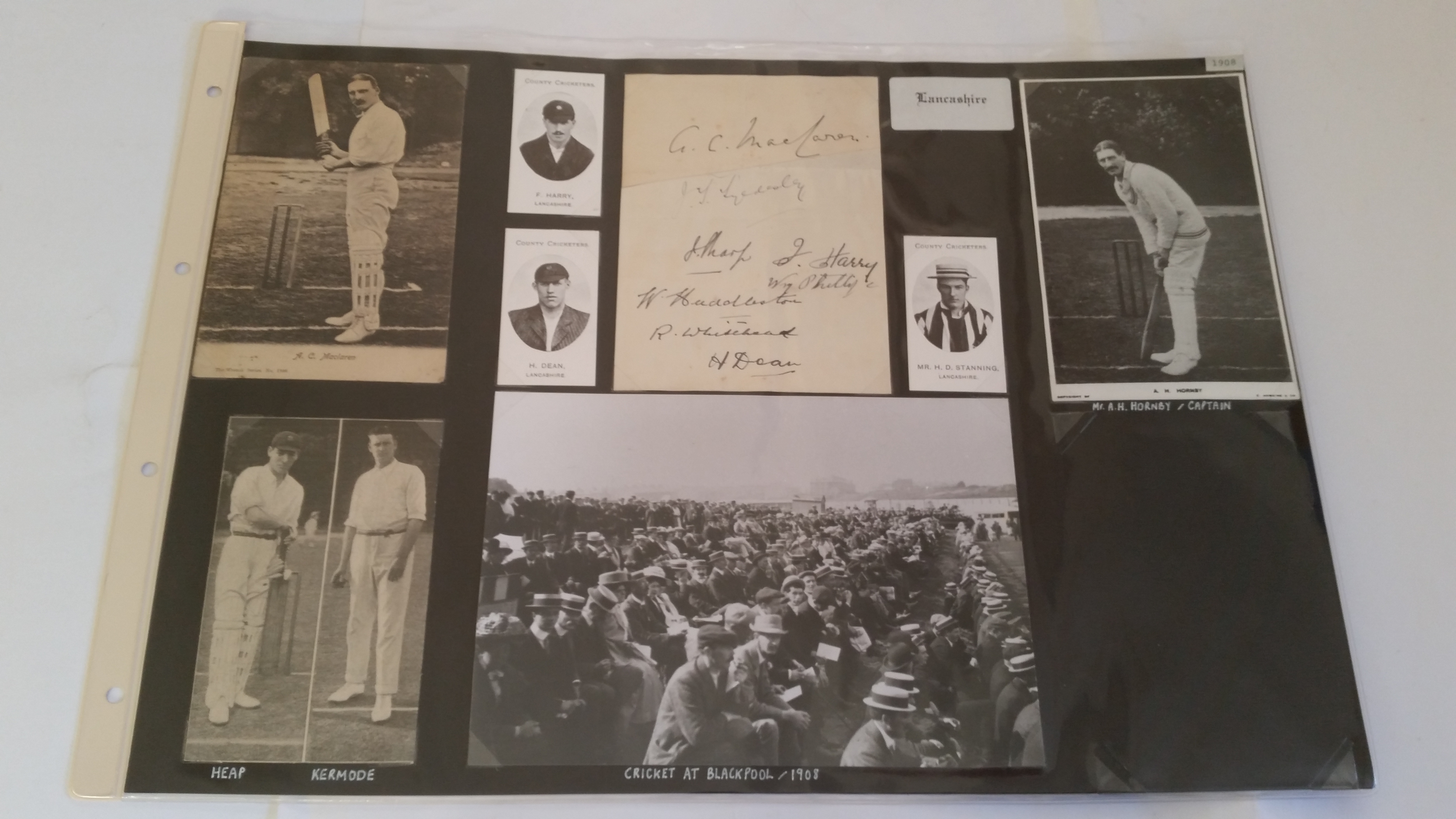 CRICKET, 1908 Lancashire selection, inc. signed album page by 8* players, b/w & sepia image of