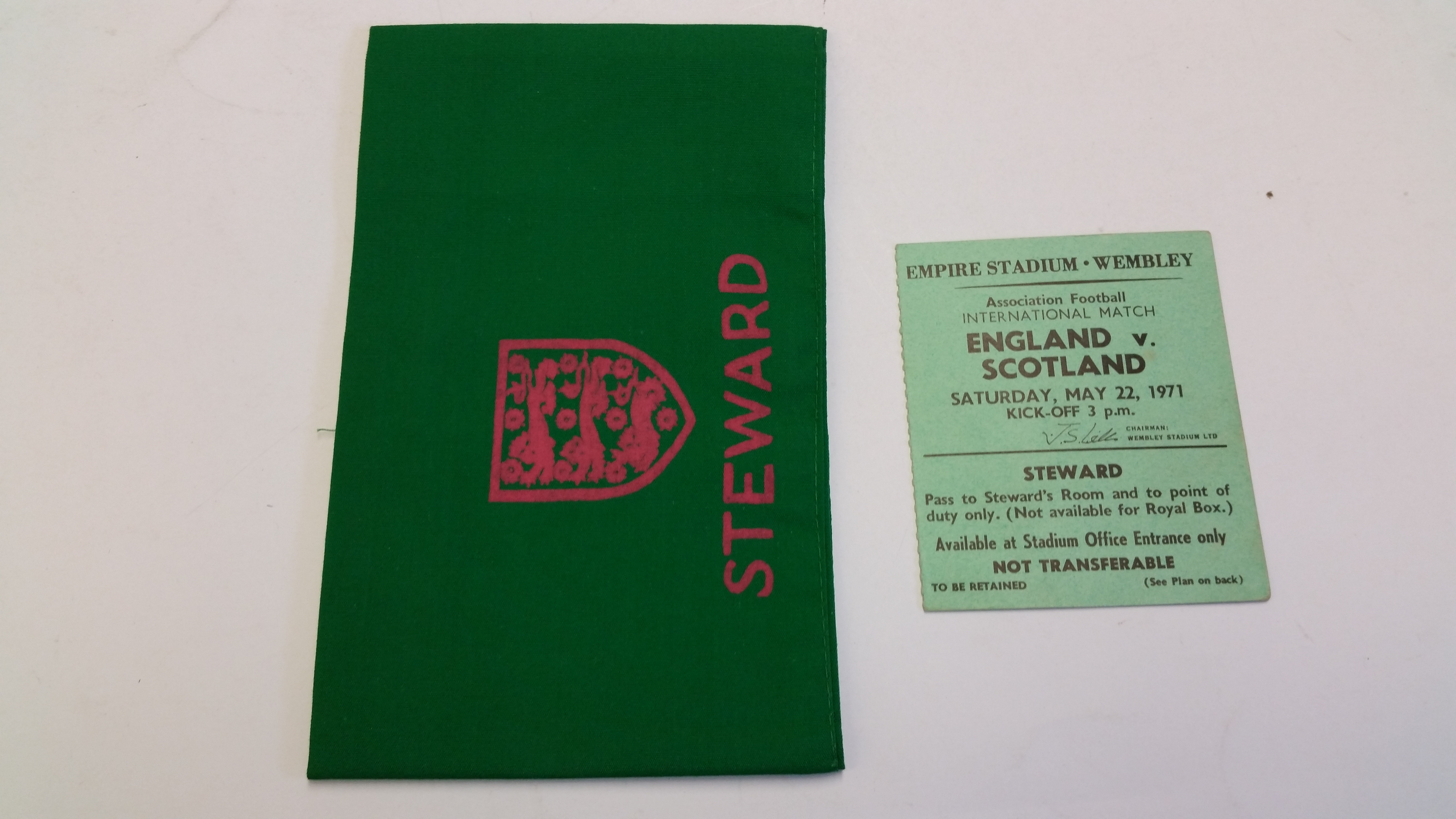 FOOTBALL, selection for England v Scotland, 1971, Stewards ticket & armband, pink on green, EX, 2