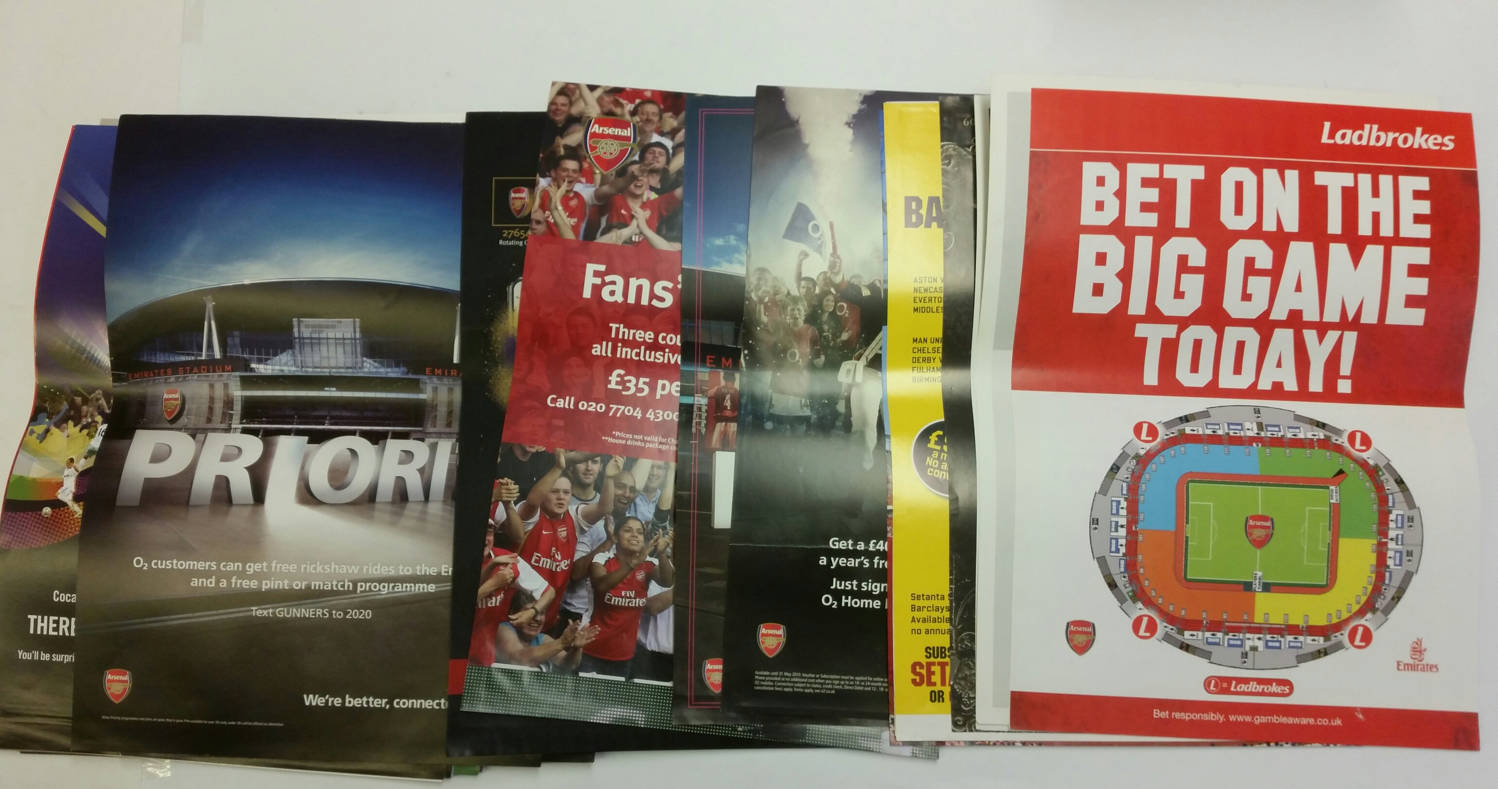 FOOTBALL, Arsenal posters, inc. sponsor issues, O2, Ladbrookes, Barclays; club issues, Arsenal