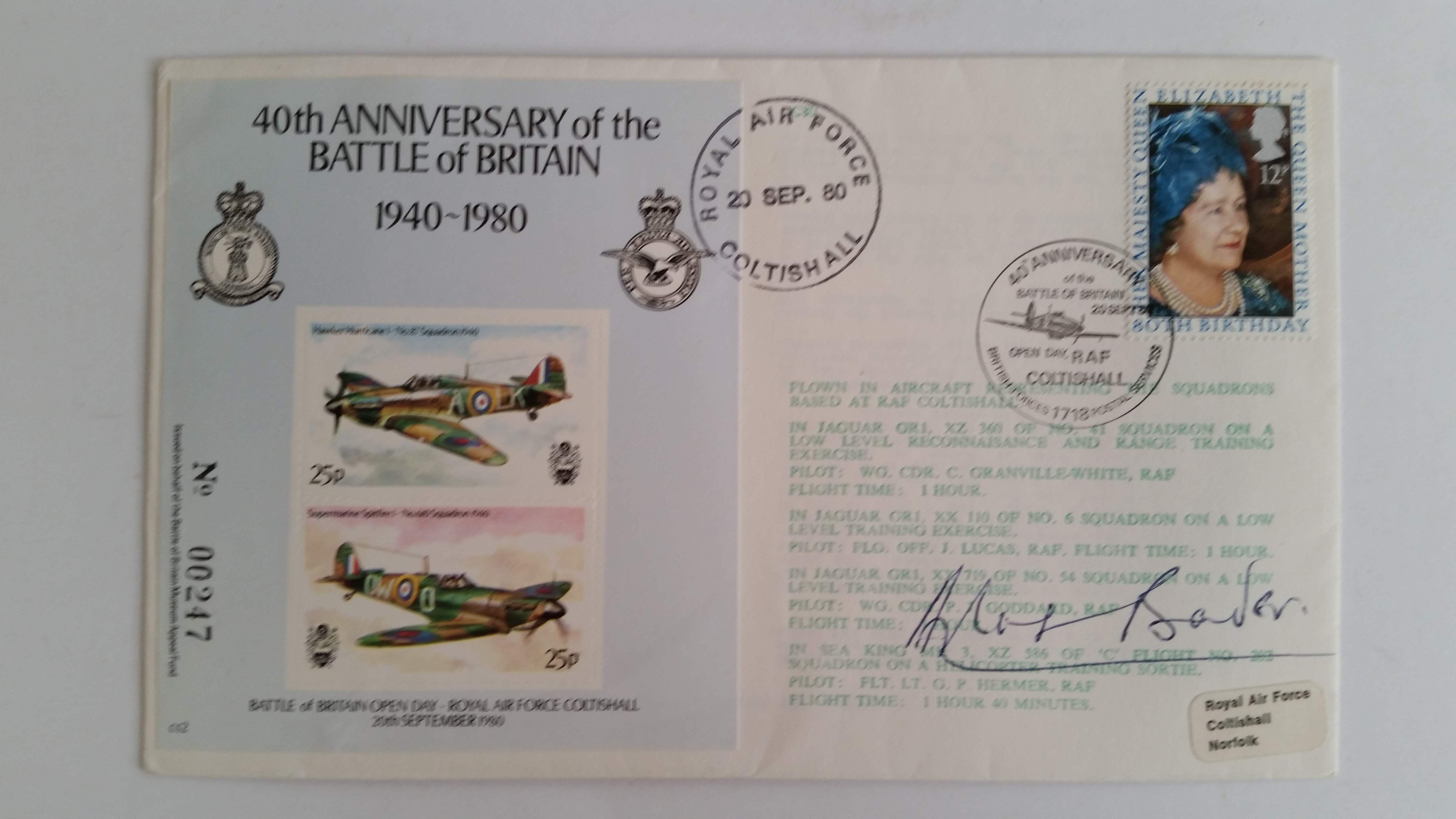 AVIATION, signed commemorative cover by Douglas Bader for 40th Anniversary of Battle of Britain,