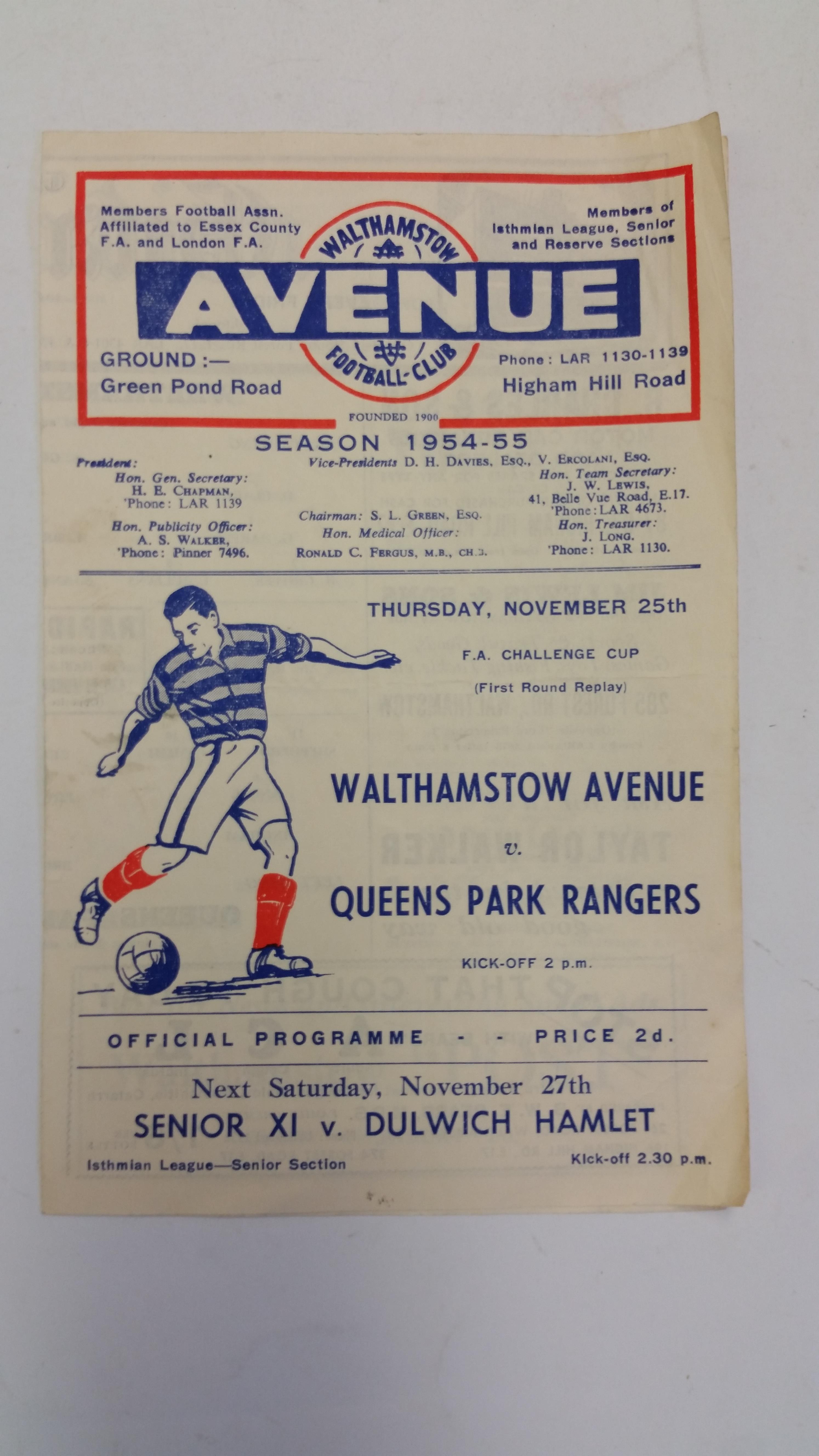 FOOTBALL, Walthamstow Avenue home programme, v Queens Park Rangers, 27th Nov 1954, VG