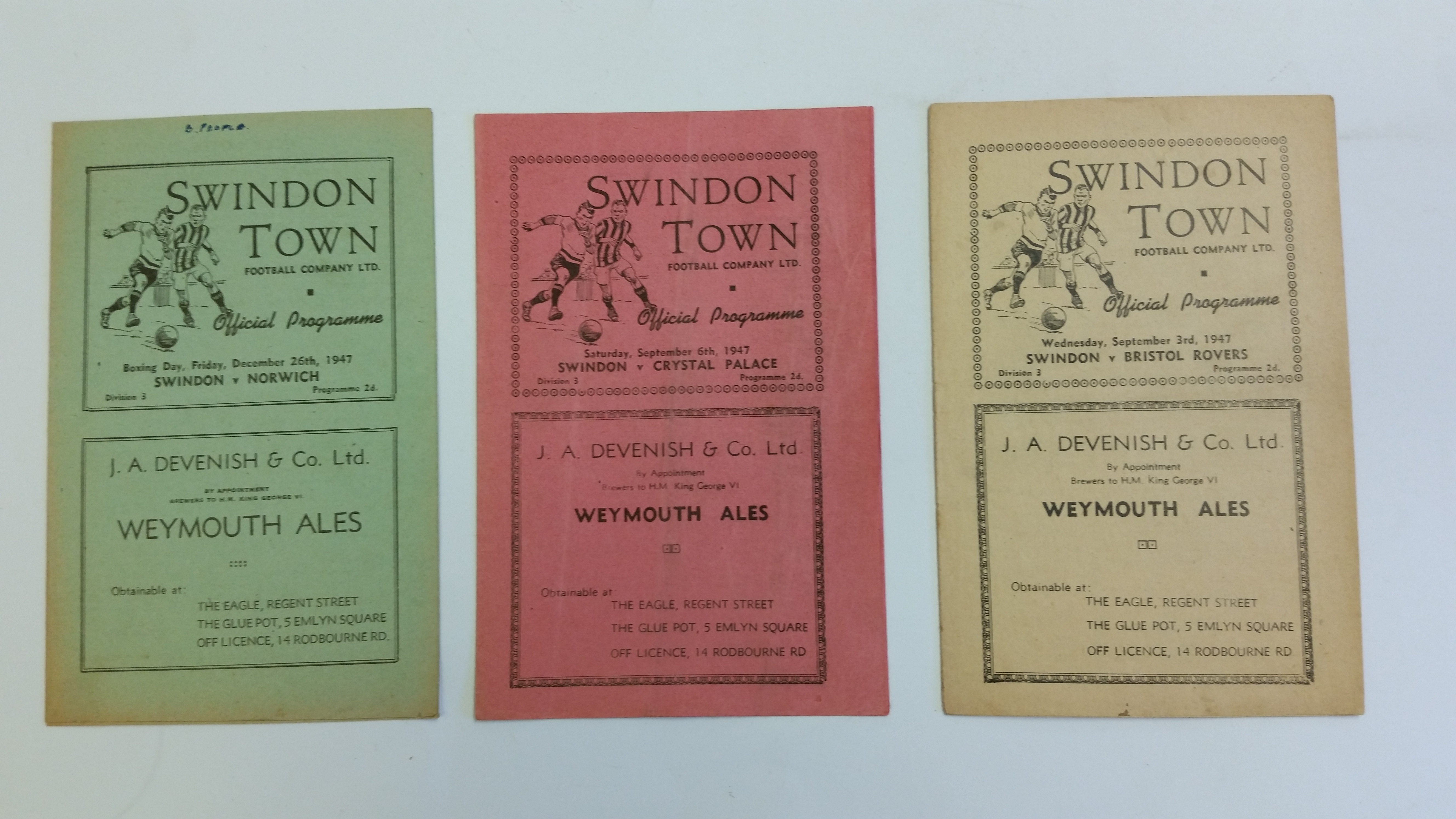 FOOTBALL, Swindon Town home programmes, 1947/48, inc. Bristol Rovers, Crystal Palace, Norwich