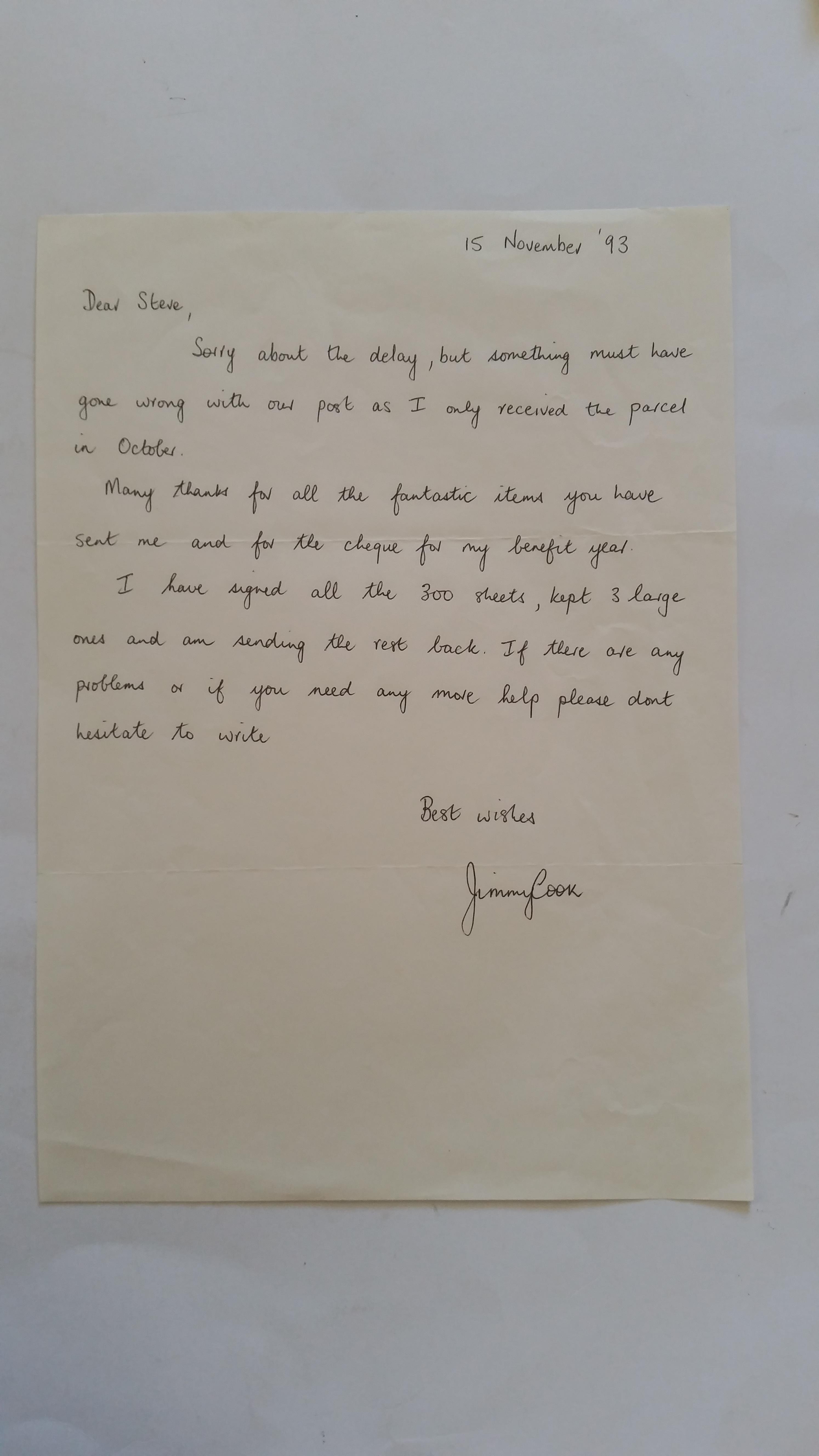 CRICKET, handwritten letter signed by Jimmy Cook, dated 15th November 1993, with letter folds,