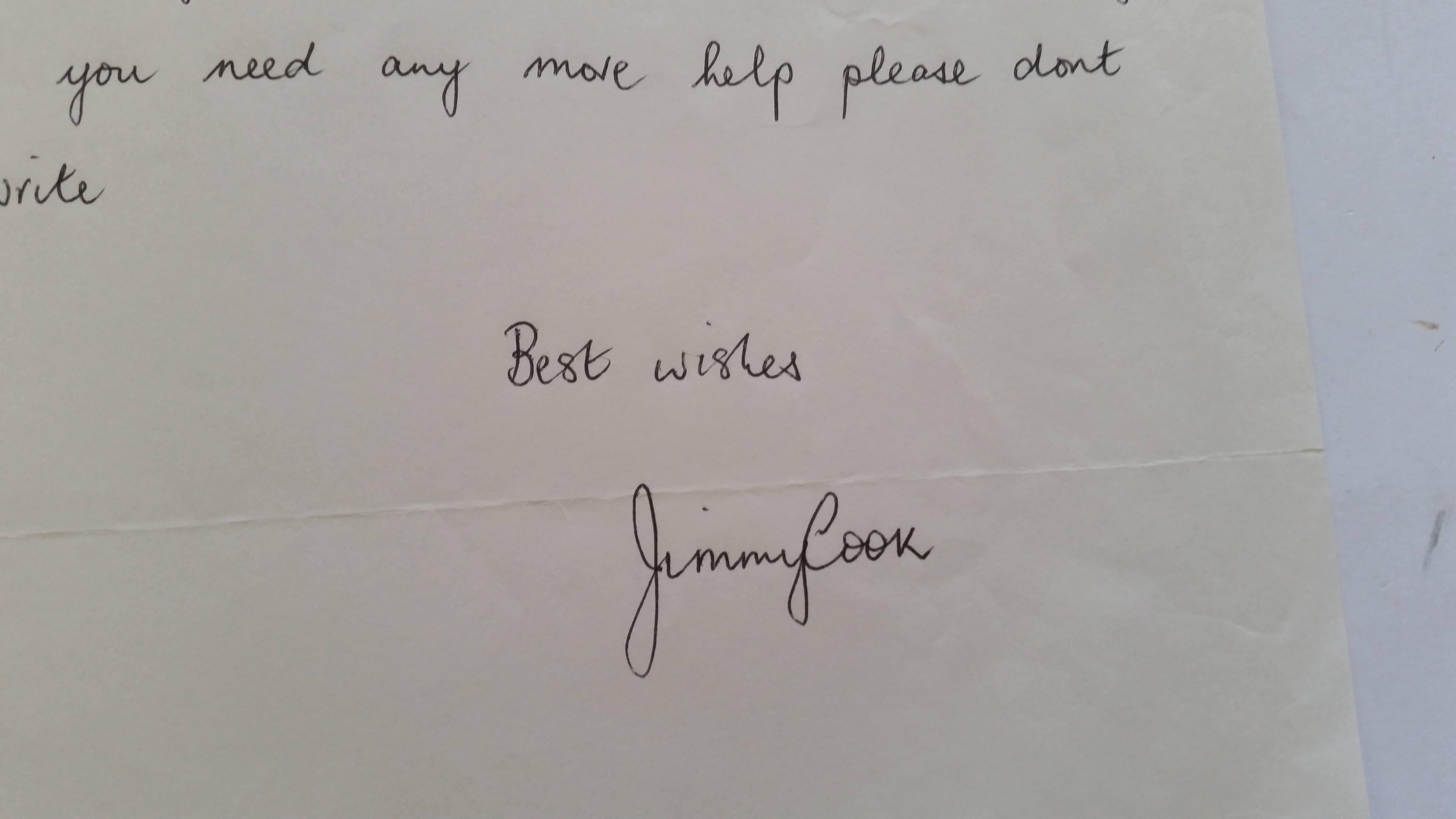 CRICKET, handwritten letter signed by Jimmy Cook, dated 15th November 1993, with letter folds, - Image 2 of 2