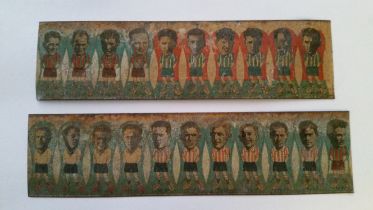 PO-PO, Uruguayan 1936 metal stand-up footballers, un-cut, in two strips, surface scratches & rust,