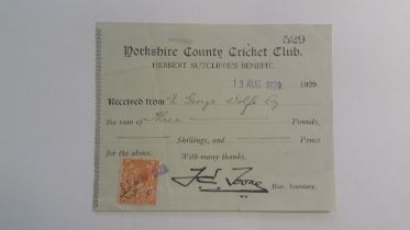 CRICKET, Yorkshire CCC, Herbert Sutcliffe Benefit donation slip, dated 13th August 1929, slip no.