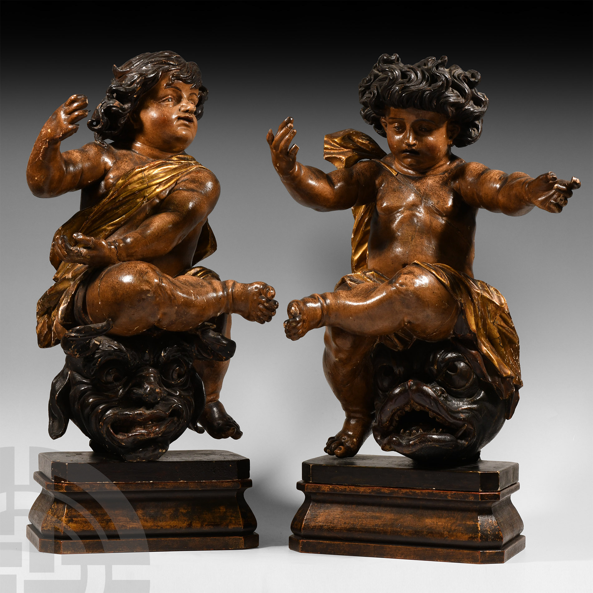 Post Medieval Gilt and Painted Wooden Cherub Pair