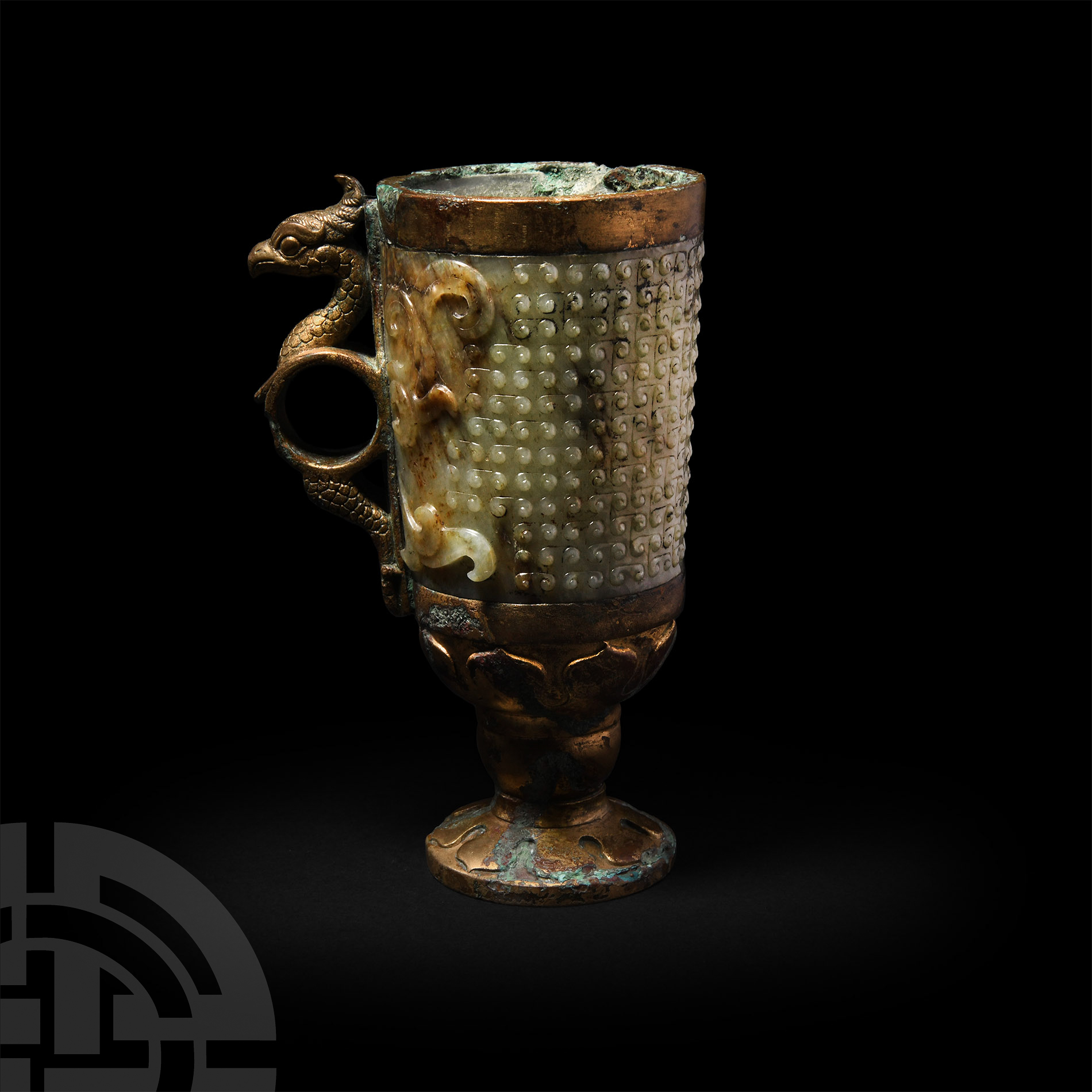 Chinese Han Gilded Bronze and Jade Beaker - Image 2 of 2