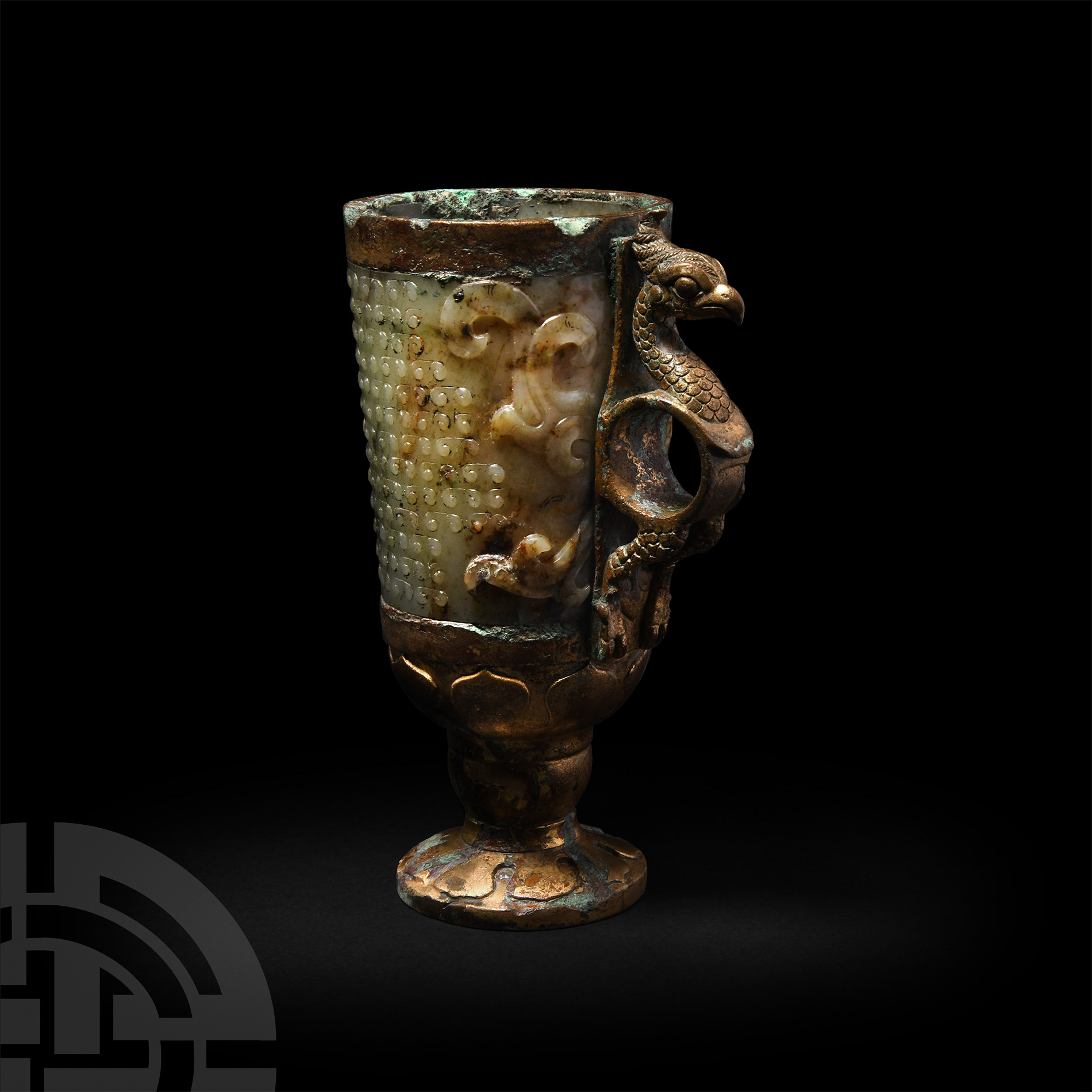 Chinese Han Gilded Bronze and Jade Beaker