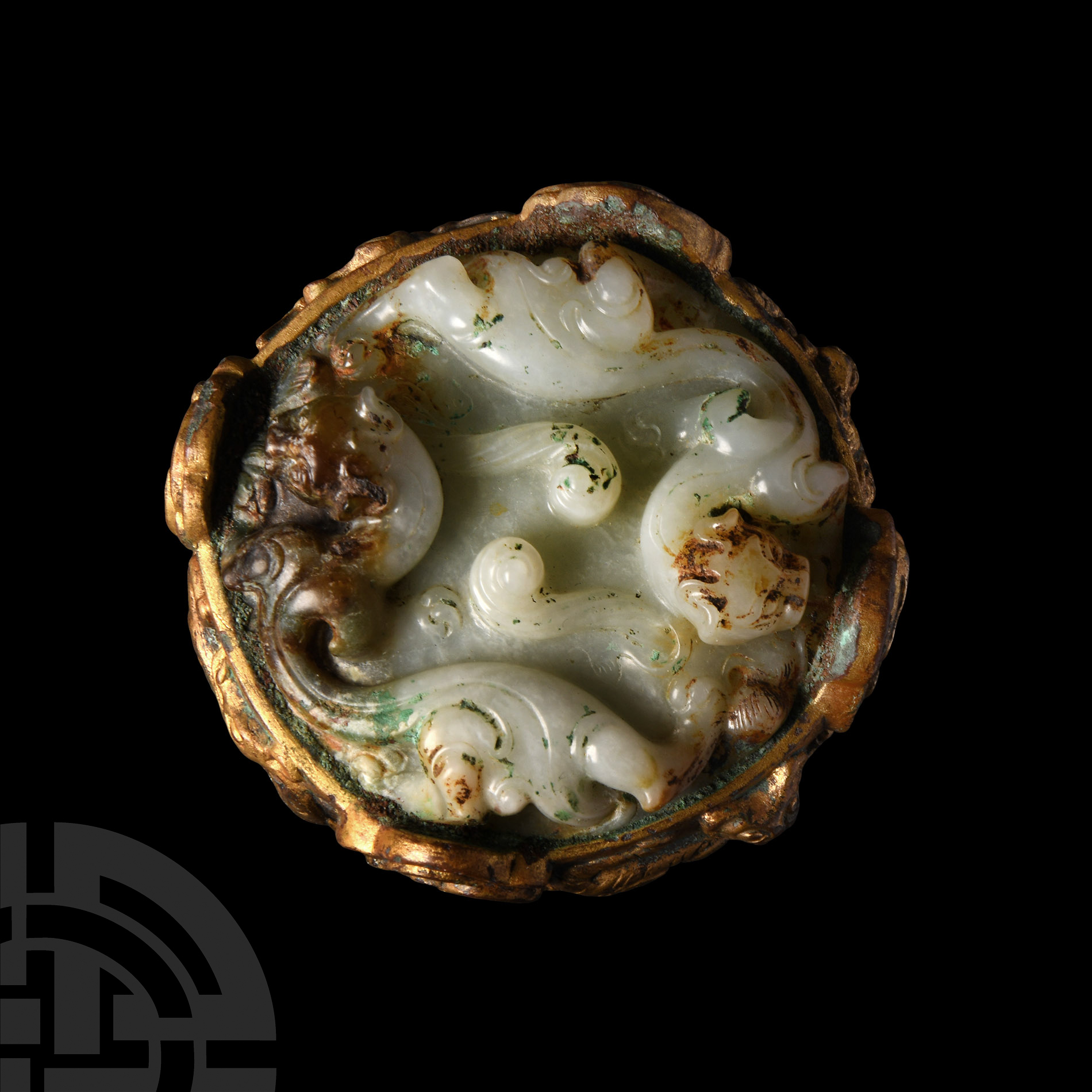 Chinese Han Gilded Bronze Sword Pommel with Jade - Image 2 of 2