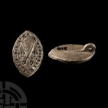 English Medieval Silver Vesica-Shaped Seal Matrix for Tailor Roger Simion