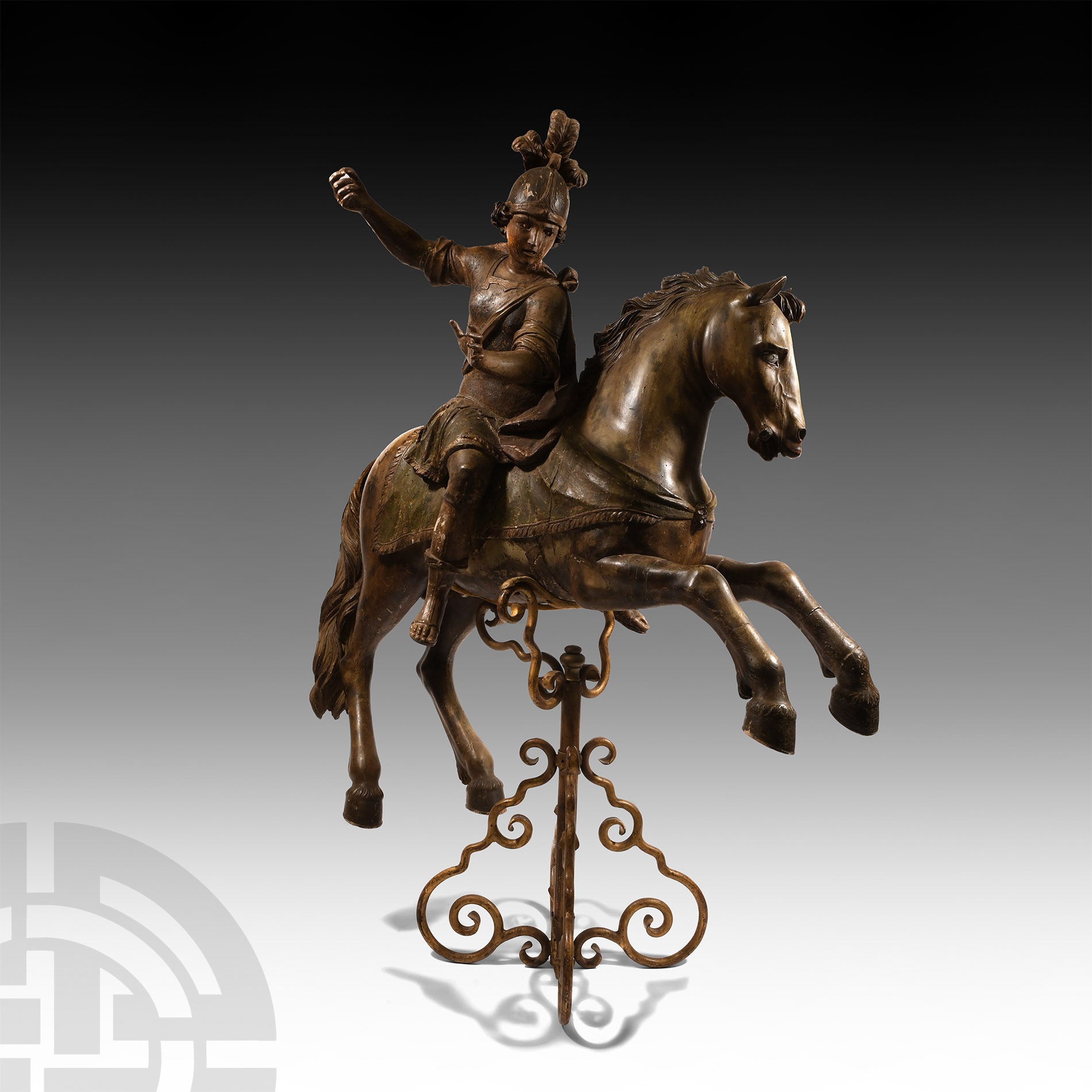 Half Life-Size Post Medieval Wooden Painted St George and Mount Statue