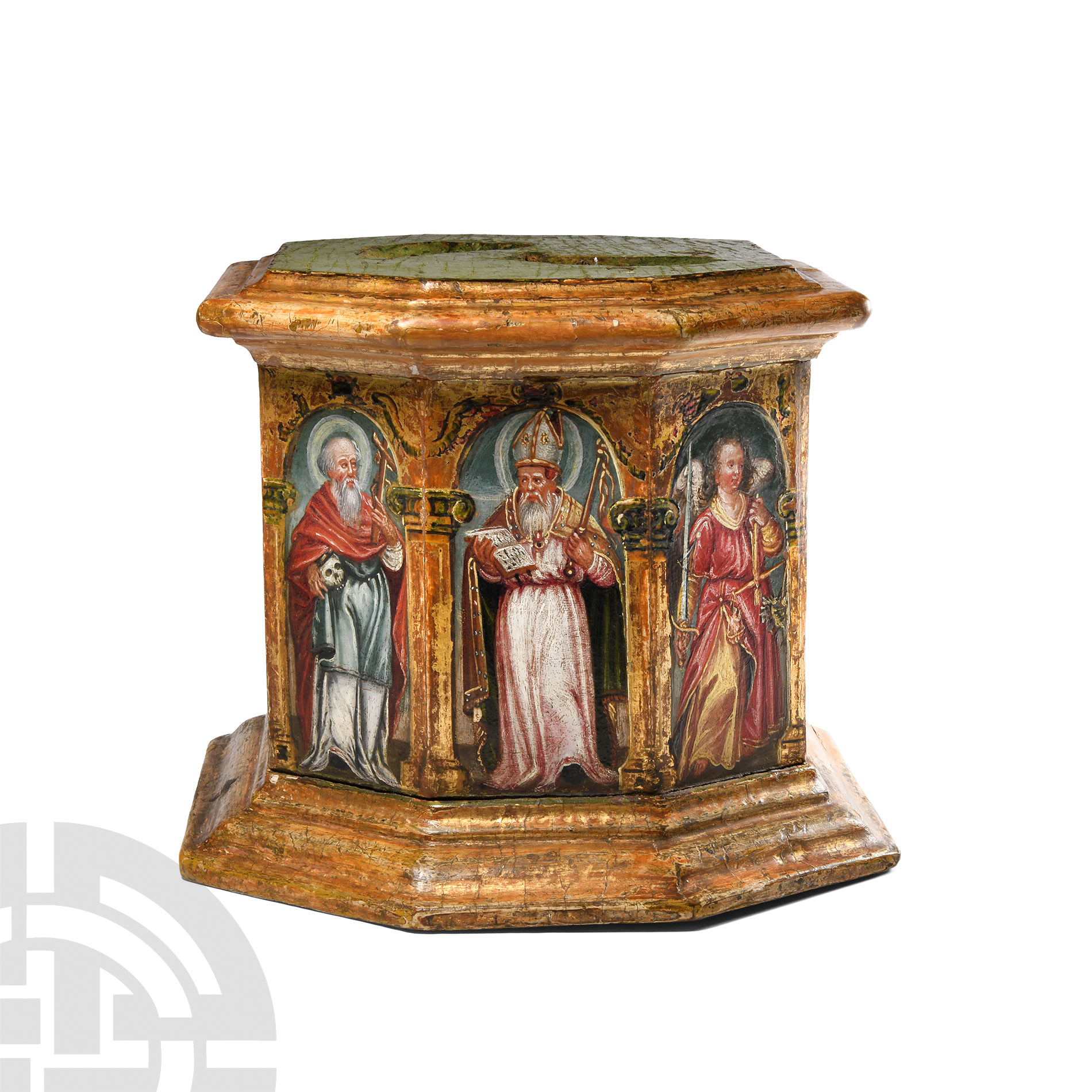 Renaissance Gilt Wooden Octagonal Socle with Paintings of Saints