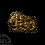 Central Asian Silver Gilt Zoomorphic Belt Plaque with Attack Scene