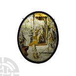 Medieval Stained Glass Roundel with Joseph in Front of the Pharaoh