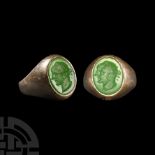 Green Glass Gemstone with Portrait of a Man in Silver Ring