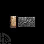 Large Mesopotamian Limestone Cylinder Seal with Animals