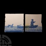 Post Medieval Glazed Ceramic Boating Scene Tile Set