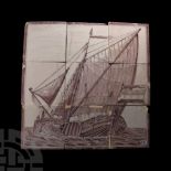 Post Medieval Glazed Ceramic Tile Set Displaying Boat