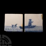 Post Medieval Glazed Ceramic Tile Set with Boating Scene