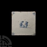 Post Medieval Dutch Glazed Ceramic Tile with Golf Scene