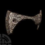 Viking Iron Axehead with Silver Inlaid Interlaced Dragons