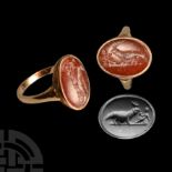 Egypto-Roman Red Carnelian Soknopaios Gemstone in Gold Ring