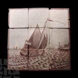 Post Medieval Dutch Glazed Ceramic Ship Tile Set