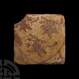 Medieval Glazed Ceramic Tile with Three Crowned Lions within Heraldic Shield
