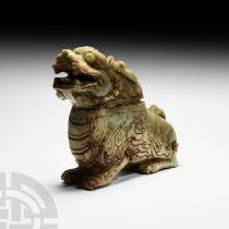 Chinese Green Stone Lidded Lion Vessel