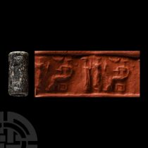 Western Asiatic Black Stone Cylinder Seal with Presentation Scene