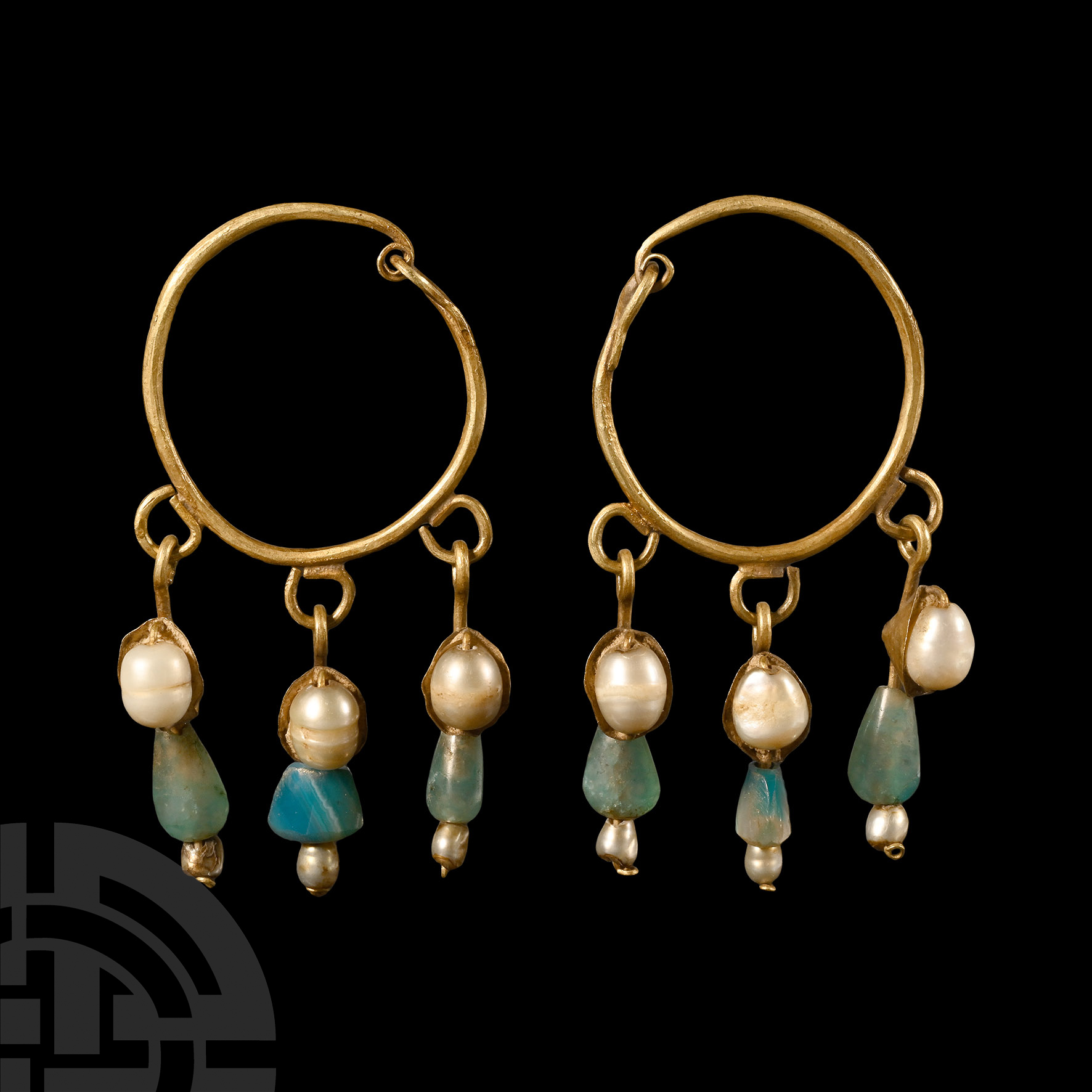 Hellenistic Gold Earrings with Beads and Pearls