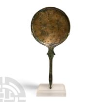 Etruscan Bronze Handled Mirror with Robed Female Dancers