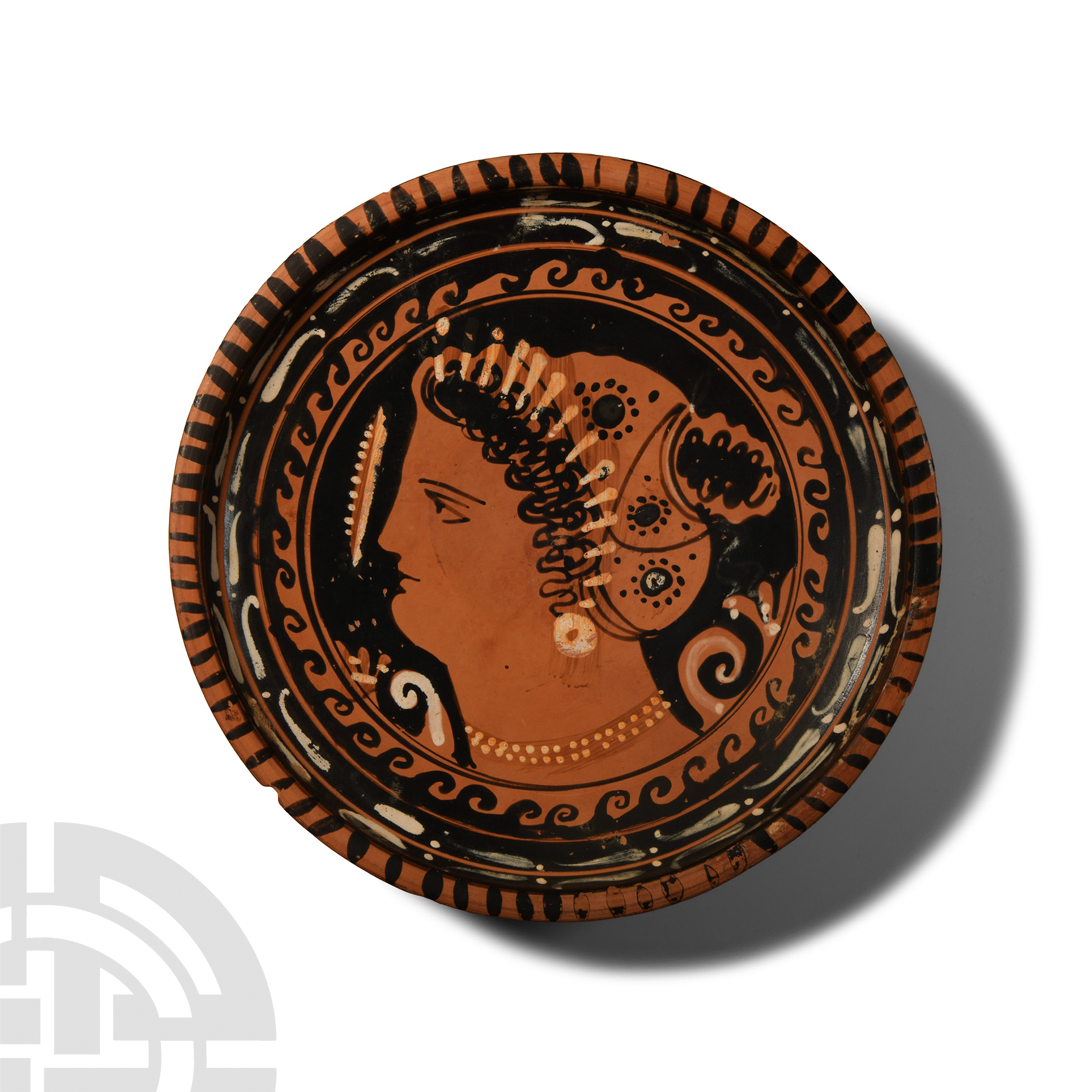 Greek Red Figure Dish with Lady of Fashion