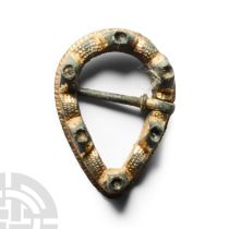 Medieval Gilt Bronze Teardrop Ring Brooch with Turrets
