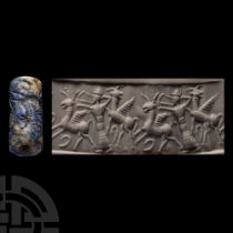 Western Asiatic Lapis Lazuli Cylinder Seal with Hunting Scene