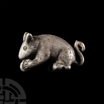 Roman Style Silver Mouse Figure Nibbling a Nut