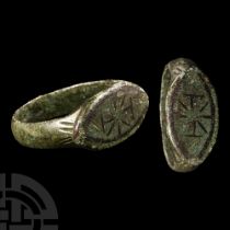 Byzantine Bronze Signet Ring with Niello Cross