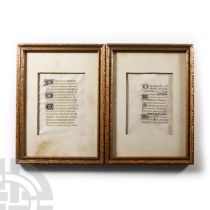 Medieval Framed Vellum Illuminated Manuscript Page Pair