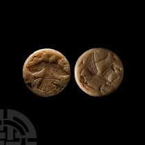 Western Asiatic Alabaster Bifacial Stamp Seal with Vulture, Snake and Winged Lion