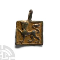 Medieval Knight's Gilt Bronze Enamelled Heraldic Horse Harness Pendant with Crowned Royal Lion