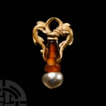 Greek Gold and Bead Pendant with Dolphins